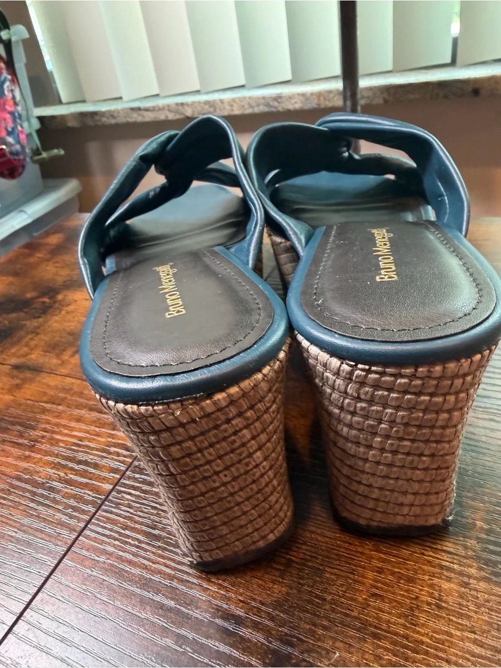 Bruno Menegatti wedge sandals blue leather knotted upper woven platform Size 8